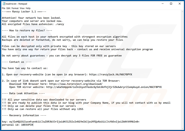 Ransom note dropped by Ranzy Locker ransomware (2020-10-19)