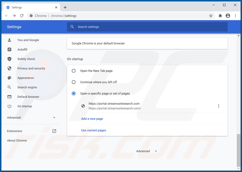 Rimozione di streamssitesearch.com dalla home page di Google Chrome