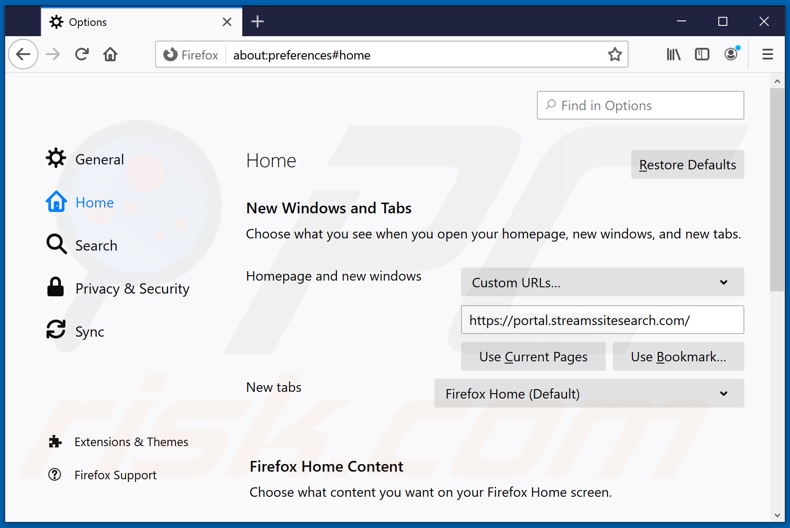 Rimozione di streamssitesearch.com dalla home page di Mozilla Firefox