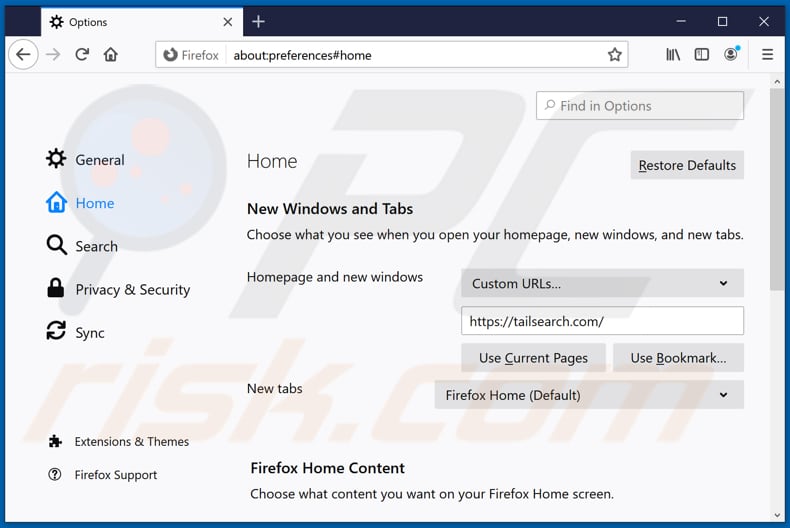 Removing tailsearch.com from Mozilla Firefox homepage
