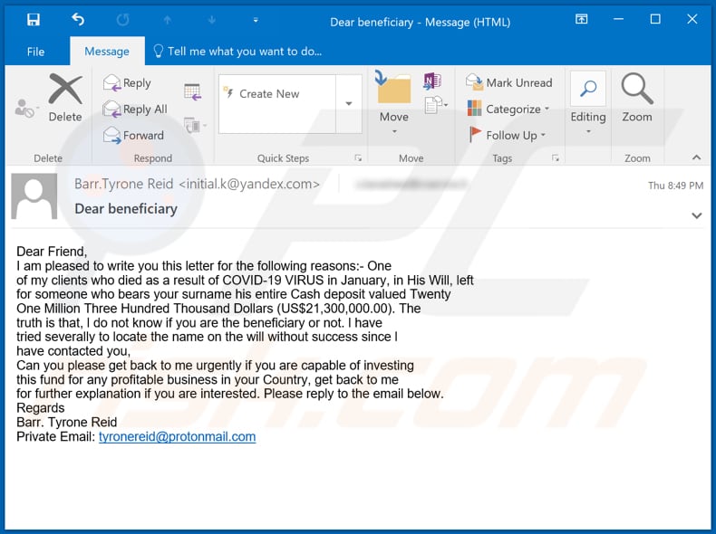 variante a tema covid truffa e-mail di eredità del beneficiario