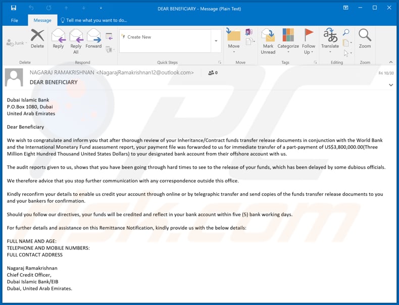 Beneficiary/Inheritance campagna di spam email truffa email
