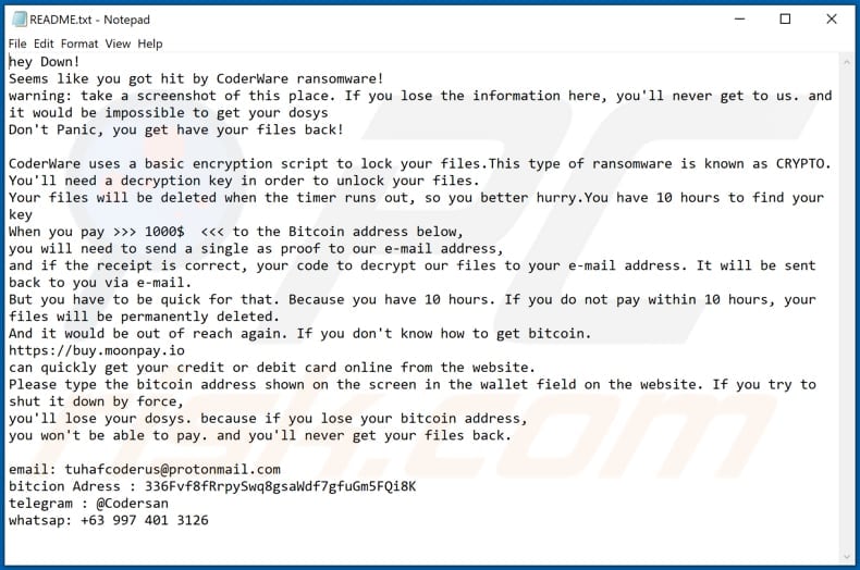 CoderWare ransomware file di testo (README.txt)