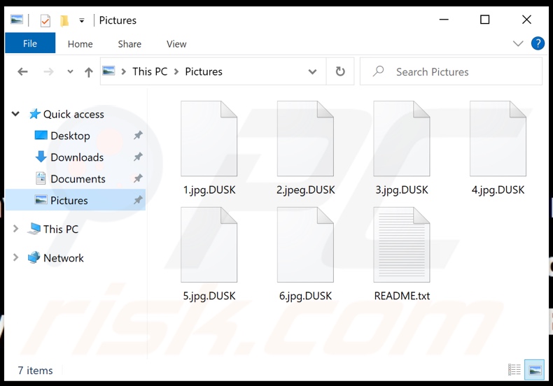 Files encrypted by DUSK 2 ransomware (.DUSK extension)