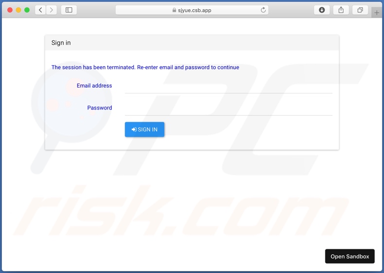 Screenshot del sito Web di phishing promosso tramite l'e-mail di truffa 