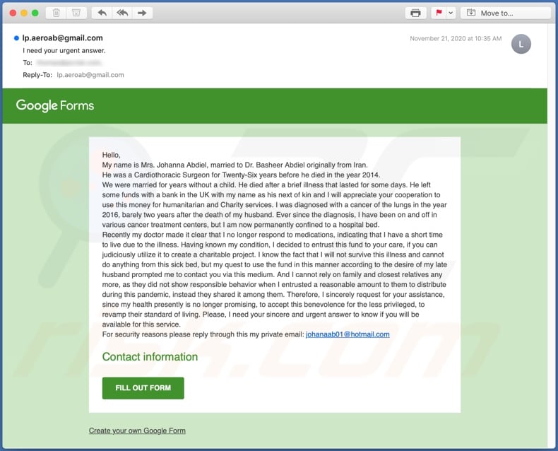 Google Forms Email Scam campagna di spam e-mail