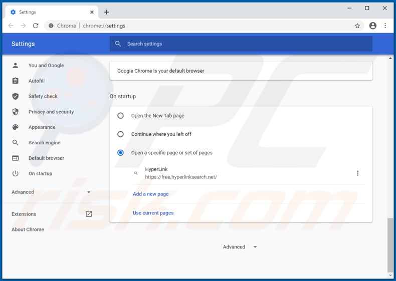 Removing free.hyperlinksearch.net from Google Chrome homepage