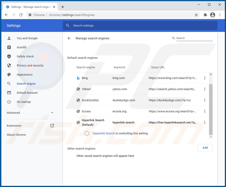 Removing free.hyperlinksearch.net from Google Chrome default search engine