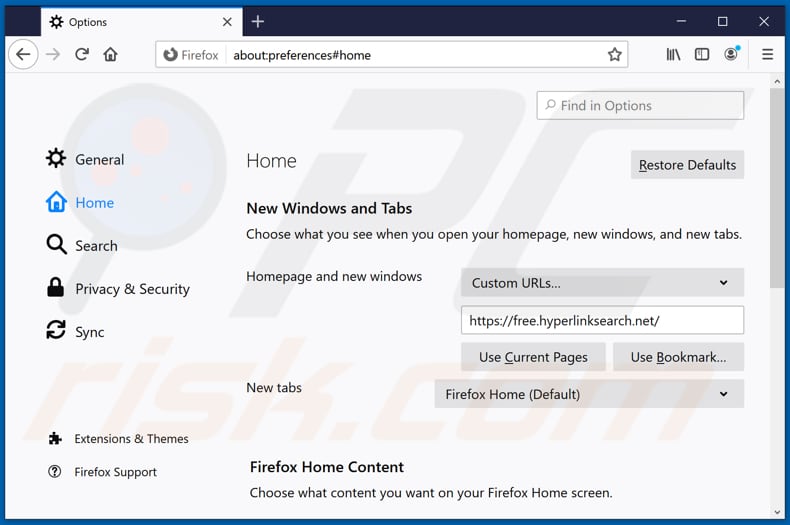 Removing free.hyperlinksearch.net from Mozilla Firefox homepage