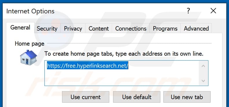 Removing free.hyperlinksearch.net from Internet Explorer homepage
