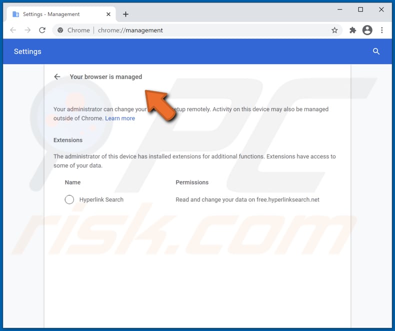 hyperlink search browser hijacker adds managed by your oganzation feature