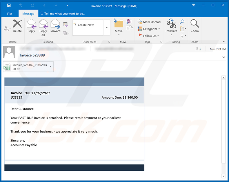 Un'altra e-mail di spam a tema fattura utilizzata per diffondere un documento MS Excel dannoso (2020-11-03)