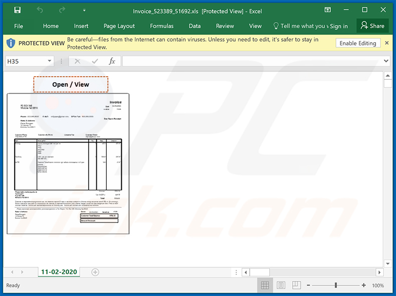 Screenshot del documento MS Excel dannoso allegato