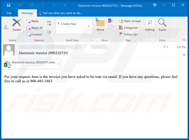 Esempio di un'altra e-mail di spam a tema fattura utilizzata per diffondere un documento MS Excel dannoso che inietta malware Dridex nel sistema