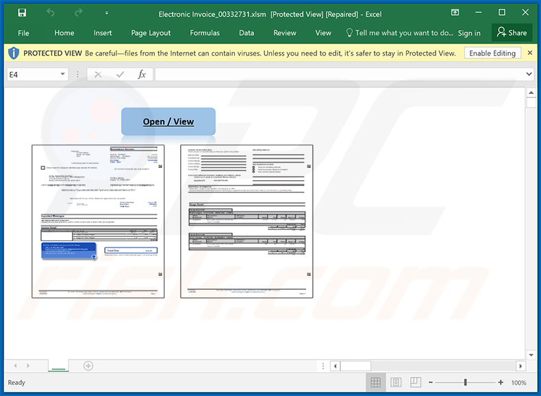 Screenshot del documento MS Excel allegato Dridex malware