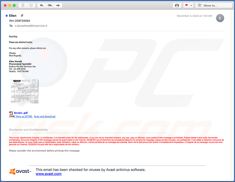 Ancora un'altra e-mail di spam a tema fattura utilizzata per diffondere un file .IMG dannoso (i collegamenti all'interno portano al download di tale file (2020-11-10)