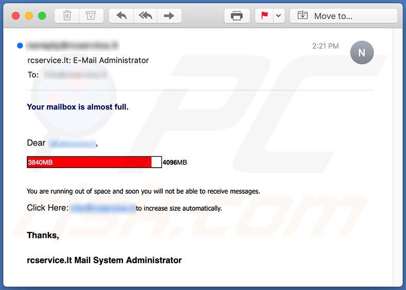 Email di phishing a tema quota posta (06/11/2020)