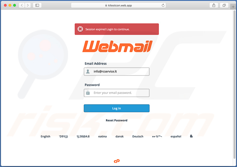 Screenshot di un falso sito di accesso alla Webmail promosso tramite questa e-mail