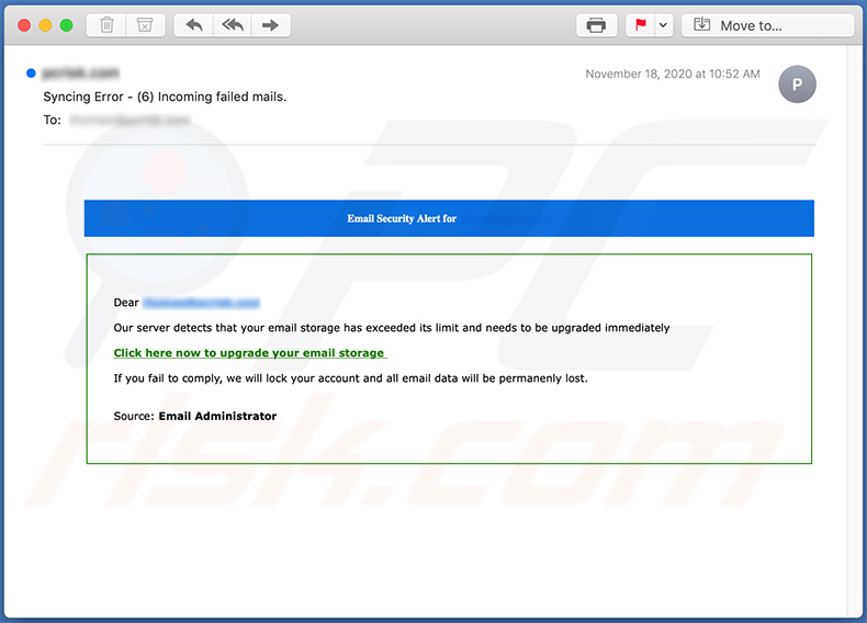 Mail quota e-mail di spam a tema che promuovono un sito Web di phishing