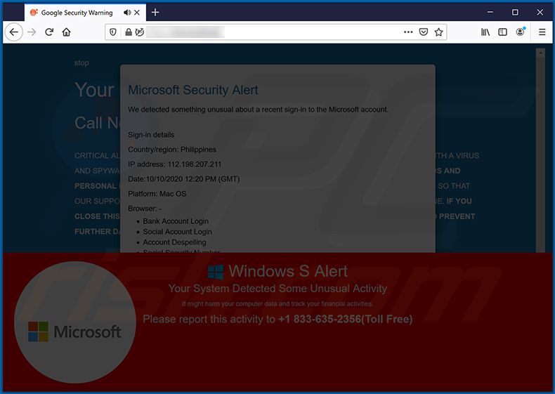Microsoft Security Alert pop-up scam (2020-11-10)