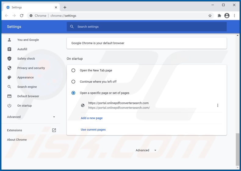 Rimozione di onlinepdfconvertersearch.com dalla home page di Google Chrome