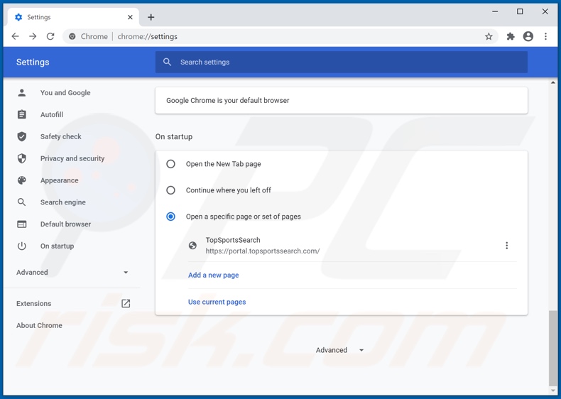 Removing topsportssearch.com from Google Chrome homepage