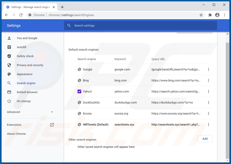 Rimozione searchnets.xyz dal motore di ricerca predefinito di Google Chrome