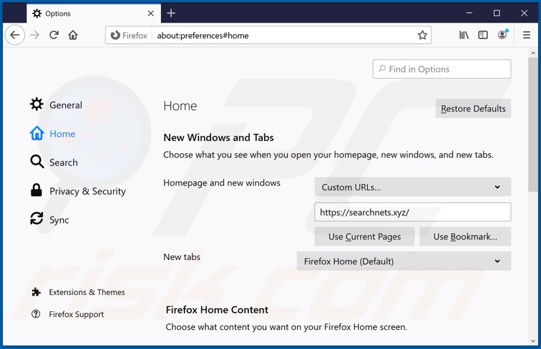 Rimozione searchnets.xyz dalla home page di Mozilla Firefox
