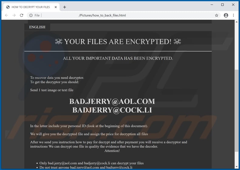 Schermata del file HTML di Xxx ransomware (