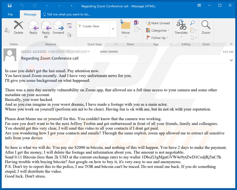 You have used Zoom recently - I have very unfortunate news email spam campaign