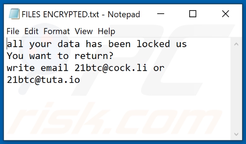 File di testo ransomware 21btc (FILES ENCRYPTED.txt)