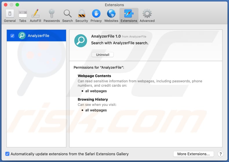 analyzerfile adware estensione safari