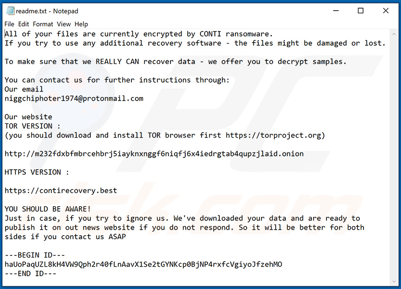 Screenshot di una richiesta di riscatto consegnata da un'altra variante del ransomware CONTI che aggiunge l'estensione 