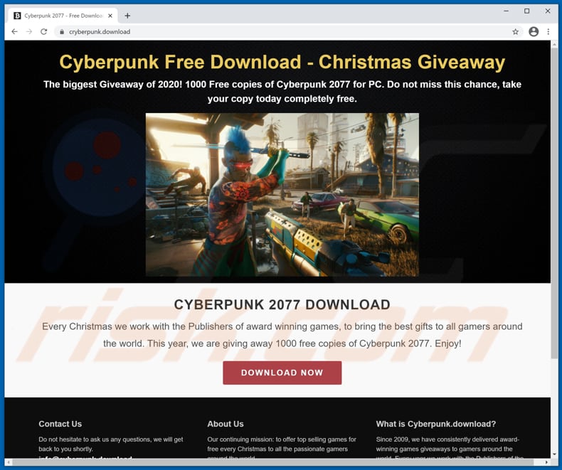 pagina di download del virus cyberpunk 2077 per il programma di installazione di giochi dannosi