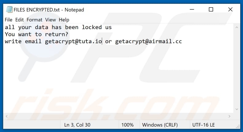 File di testo gac ransomware (FILES ENCRYPTED.txt)
