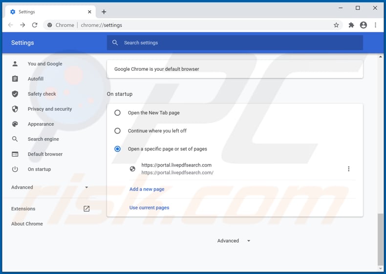 Rimozione di livepdfsearch.com dalla home page di Google Chrome