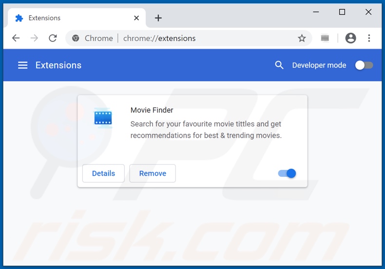 Rimozione degli annunci di Movie Finder da Google Chrome passaggio 2