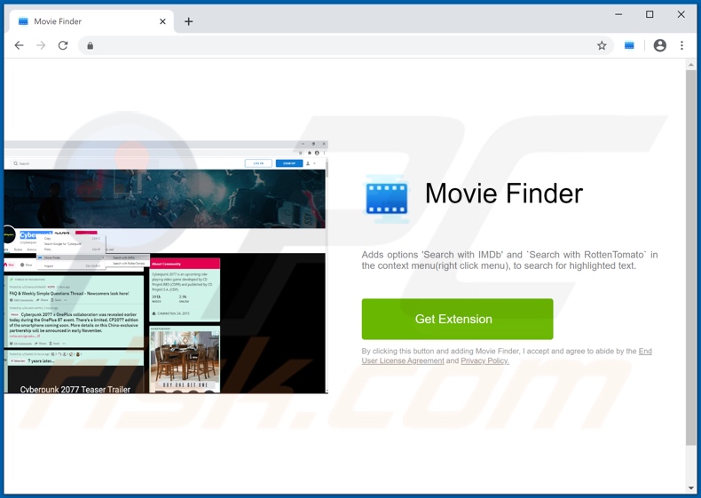 Sito web utilizzato per promuovere l'adware Movie Finder