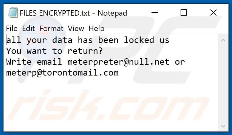 File di testo del ransomware Mpr (FILES ENCRYPTED.txt)