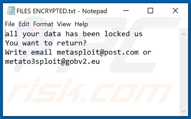 File di testo del ransomware Msf (FILES ENCRYPTED.txt)