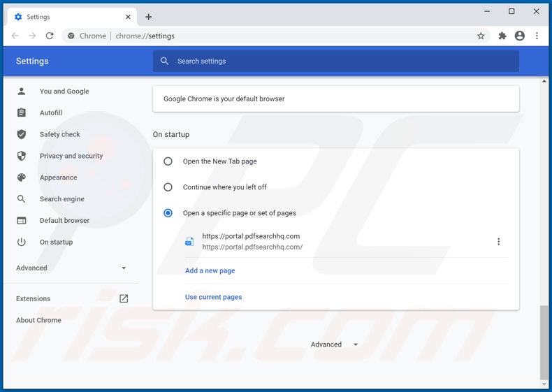 Rimozione di pdfsearchhq.com dalla home page di Google Chrome