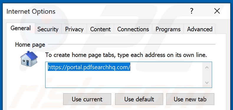 Rimozione di pdfsearchhq.com dalla home page di Internet Explorer