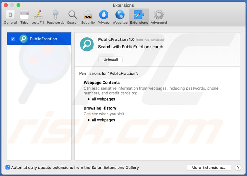 publicfraction adware installato su Safari