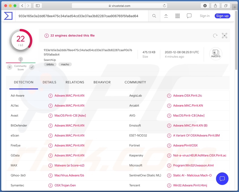 Rilevamenti di adware SearchUp su VirusTotal