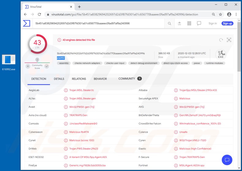 Rilevamenti di malware Snake su VirusTotal