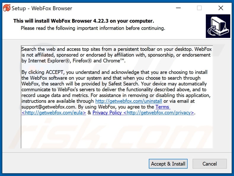 WebFox programma di installazione del browser canaglia