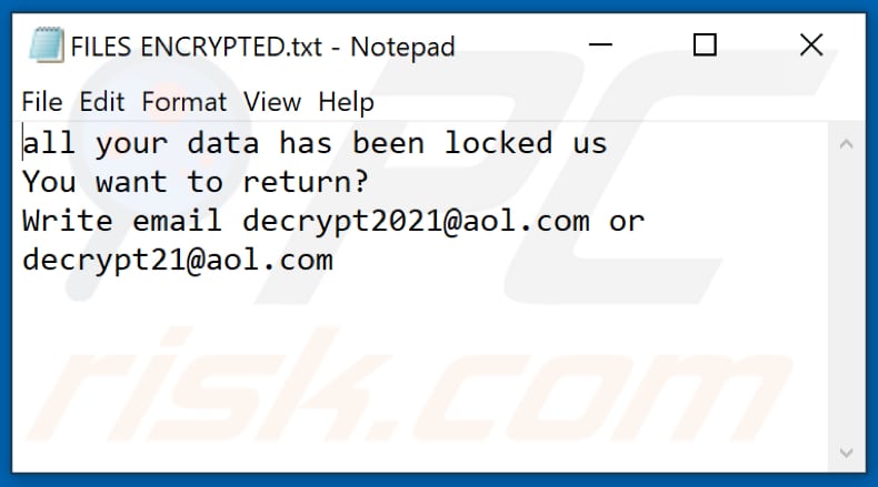2021 ransomware file di testo (FILES ENCRYPTED.txt)