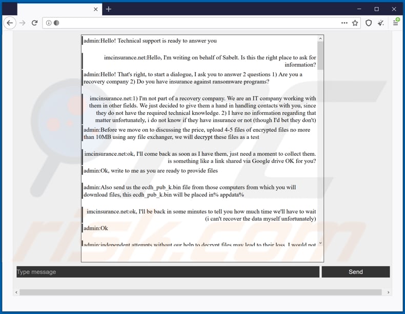 Screenshot del sito Web di Tor che le vittime devono utilizzare per comunicare con gli sviluppatori di Babuk Locker:
