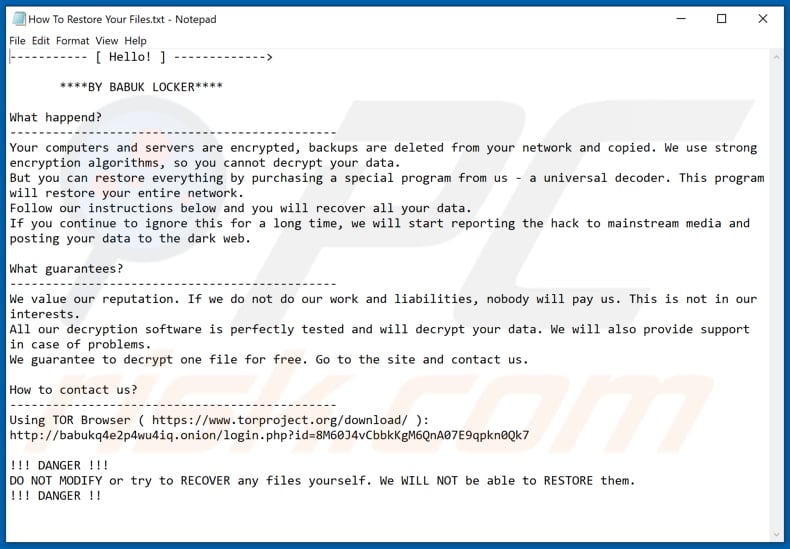 Babuk Locker istruzioni di decriptazione (How To Restore Your Files.txt)
