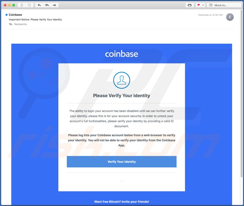 Campagna di spam email truffa Coinbase